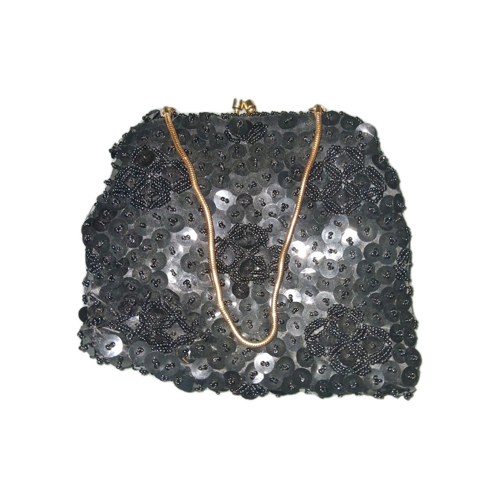 Vintage Black Beaded Sequin Evening Clutch‎ Bag Gold Tone Kiss Lock Hong Kong - Picture 3 of 7